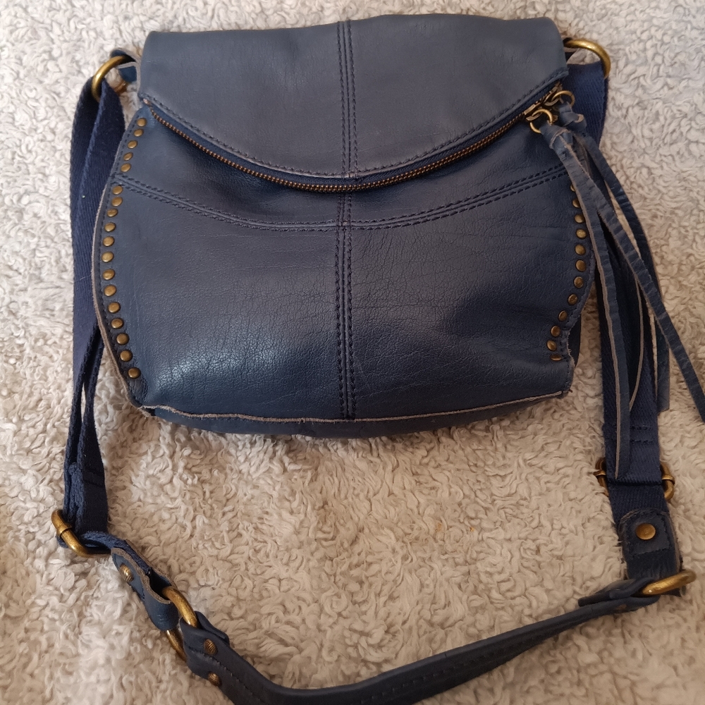 The Sak Navy Crossbody Leather Bag with Brass Studs and Tassel